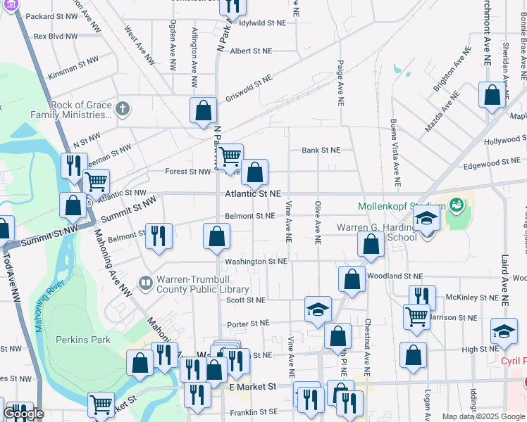 map of restaurants, bars, coffee shops, grocery stores, and more near 231 Belmont Street Northeast in Niles