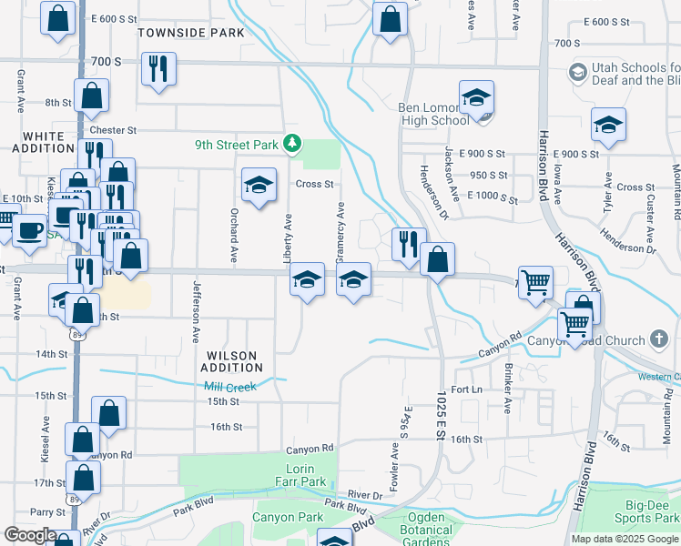 map of restaurants, bars, coffee shops, grocery stores, and more near 873 12th Street in Ogden