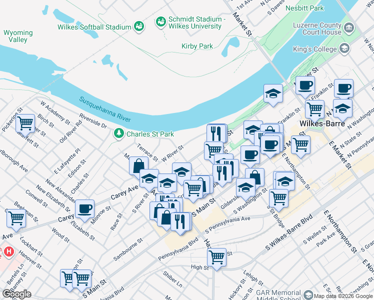 map of restaurants, bars, coffee shops, grocery stores, and more near in Wilkes-Barre
