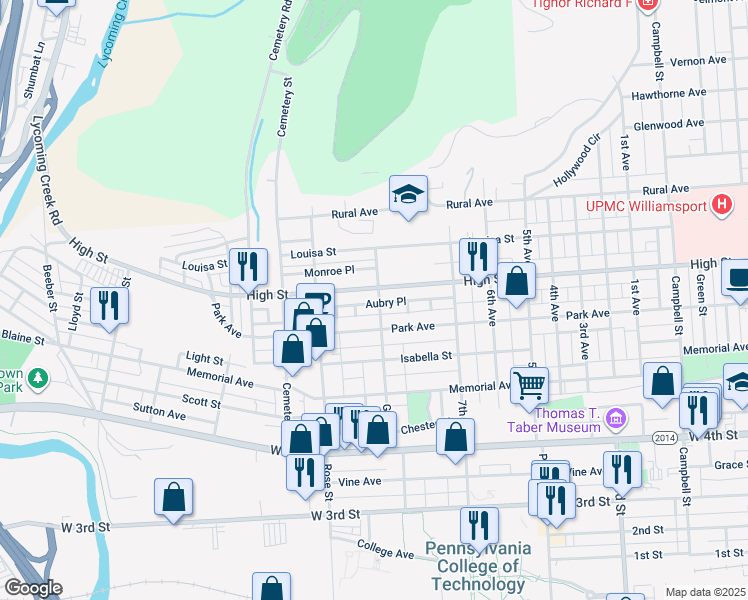 map of restaurants, bars, coffee shops, grocery stores, and more near 1200-1298 High Street in Williamsport