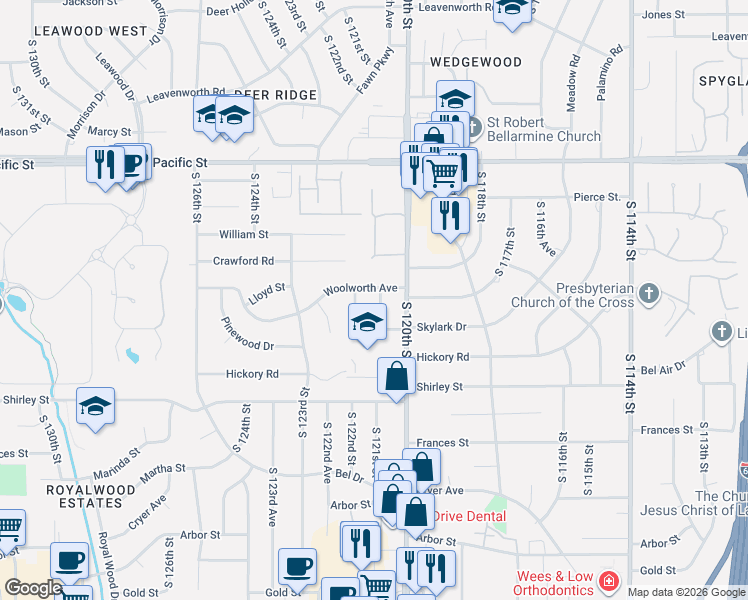 map of restaurants, bars, coffee shops, grocery stores, and more near 1522 South 121st Street in Omaha