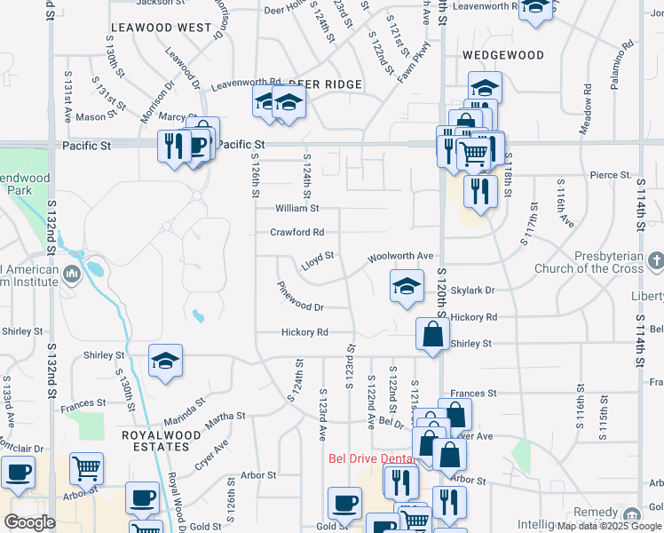 map of restaurants, bars, coffee shops, grocery stores, and more near 12405 Lloyd Street in Omaha