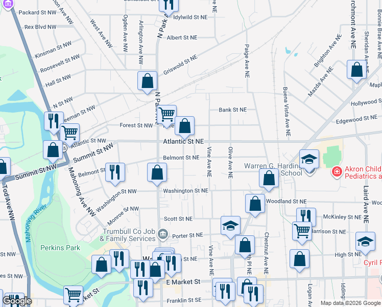 map of restaurants, bars, coffee shops, grocery stores, and more near 231 Belmont Street Northeast in Niles