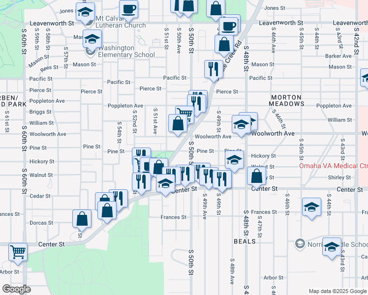 map of restaurants, bars, coffee shops, grocery stores, and more near 1515 South Saddle Creek Road in Omaha