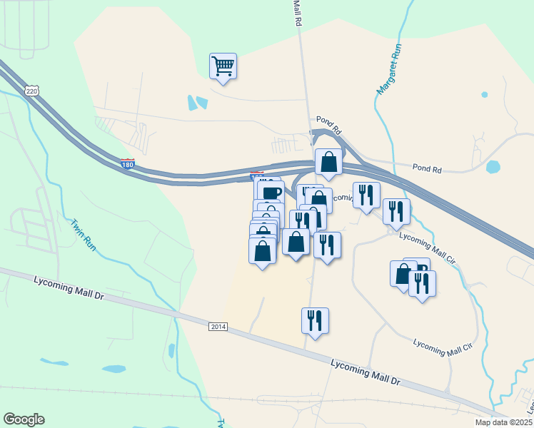map of restaurants, bars, coffee shops, grocery stores, and more near 170 South Lycoming Mall Road in Muncy