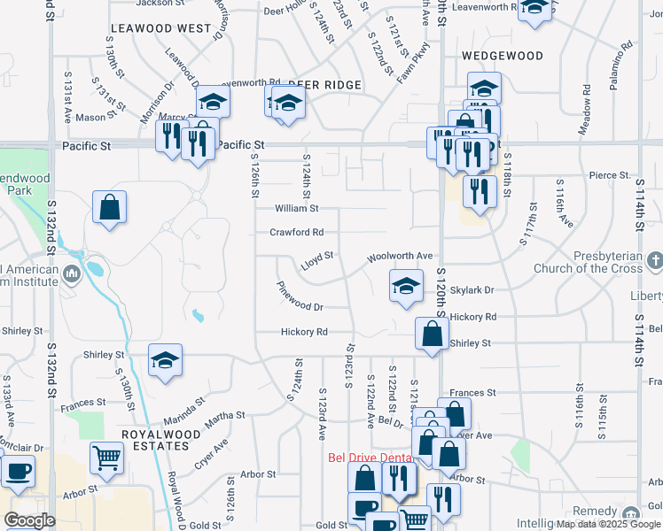 map of restaurants, bars, coffee shops, grocery stores, and more near 12405 Lloyd Street in Omaha