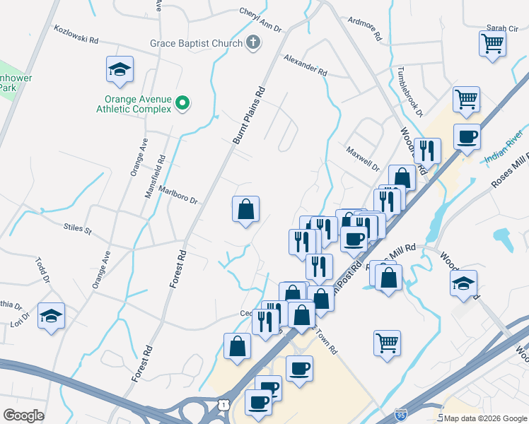 map of restaurants, bars, coffee shops, grocery stores, and more near 154 Cedar Hill Road in Milford