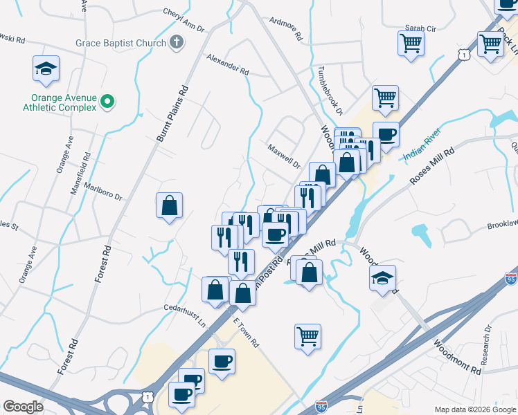 map of restaurants, bars, coffee shops, grocery stores, and more near 205 Foxwood Lane in Milford