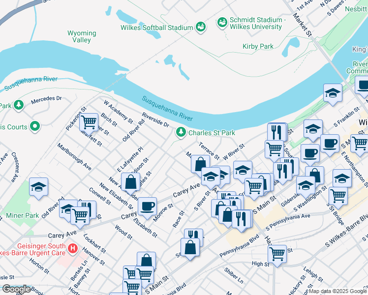 map of restaurants, bars, coffee shops, grocery stores, and more near 45 Stanley Street in Wilkes-Barre