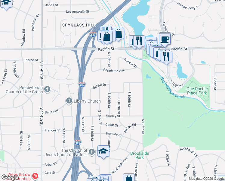 map of restaurants, bars, coffee shops, grocery stores, and more near 1537 South 108th Street in Omaha