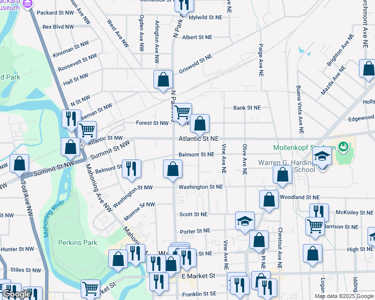 map of restaurants, bars, coffee shops, grocery stores, and more near 161 Belmont Avenue Northeast in Warren