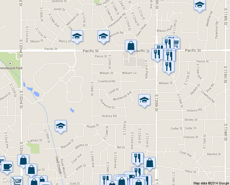 map of restaurants, bars, coffee shops, grocery stores, and more near 12405 Lloyd Street in Omaha