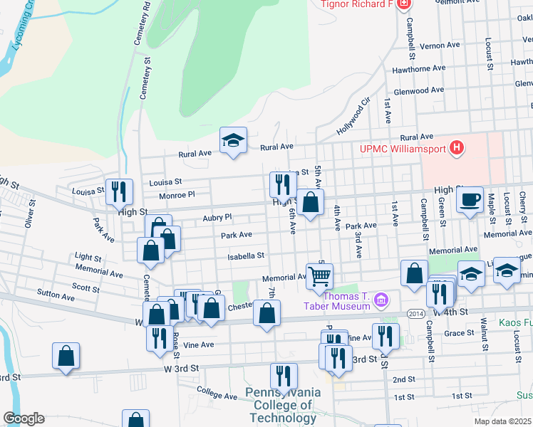 map of restaurants, bars, coffee shops, grocery stores, and more near 676 7th Avenue in Williamsport