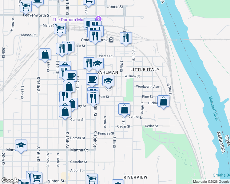 map of restaurants, bars, coffee shops, grocery stores, and more near 720 Pine Street in Omaha