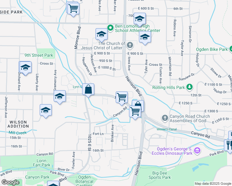 map of restaurants, bars, coffee shops, grocery stores, and more near 1144 East 1200 South Street in Ogden