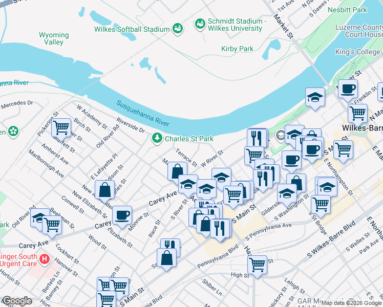 map of restaurants, bars, coffee shops, grocery stores, and more near 28-30 Sheldon Street in Wilkes-Barre