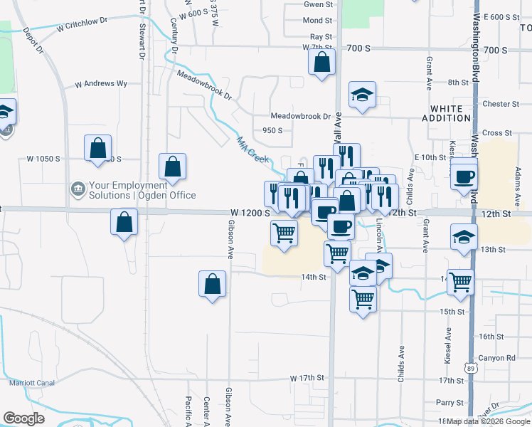 map of restaurants, bars, coffee shops, grocery stores, and more near 251 West 12th Street in Ogden