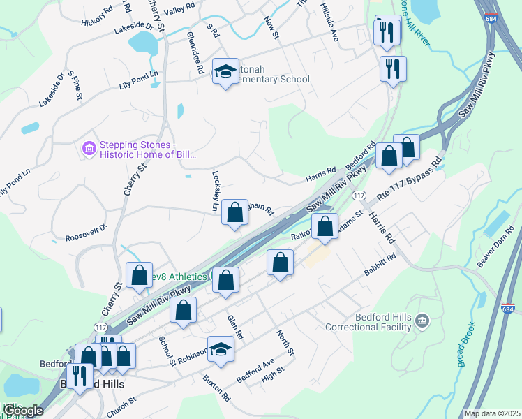 map of restaurants, bars, coffee shops, grocery stores, and more near 105 Nottingham Road in Bedford Hills