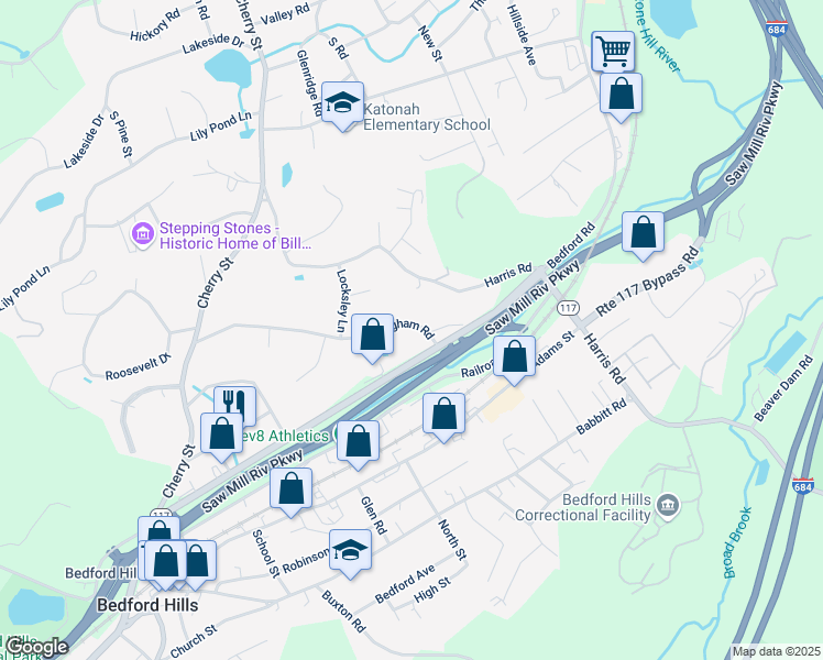 map of restaurants, bars, coffee shops, grocery stores, and more near 105 Nottingham Road in Bedford Hills