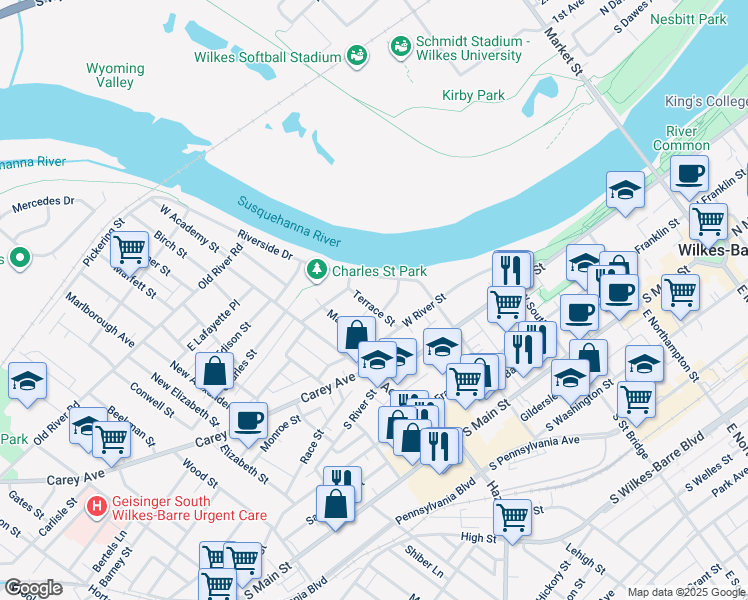 map of restaurants, bars, coffee shops, grocery stores, and more near 45 Mallery Place in Wilkes-Barre