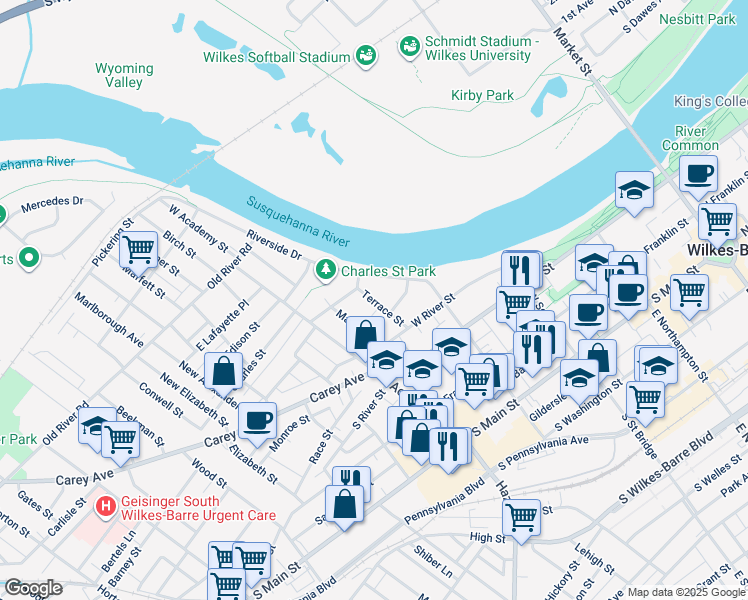 map of restaurants, bars, coffee shops, grocery stores, and more near 45 Mallery Place in Wilkes-Barre