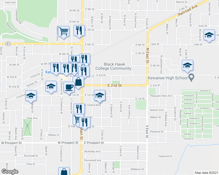 map of restaurants, bars, coffee shops, grocery stores, and more near 124 North Walnut Street in Kewanee