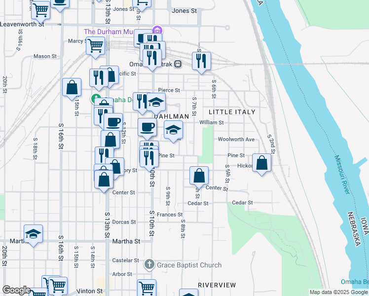 map of restaurants, bars, coffee shops, grocery stores, and more near 720 Pine Street in Omaha