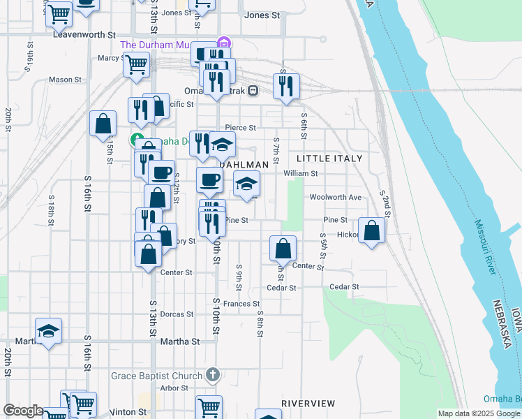 map of restaurants, bars, coffee shops, grocery stores, and more near 720 Pine Street in Omaha