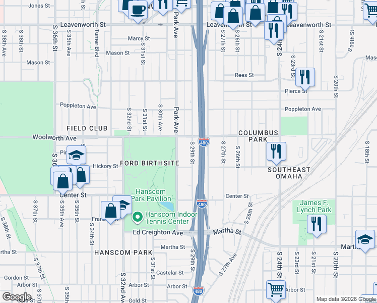 map of restaurants, bars, coffee shops, grocery stores, and more near 1530 South 29th Street in Omaha