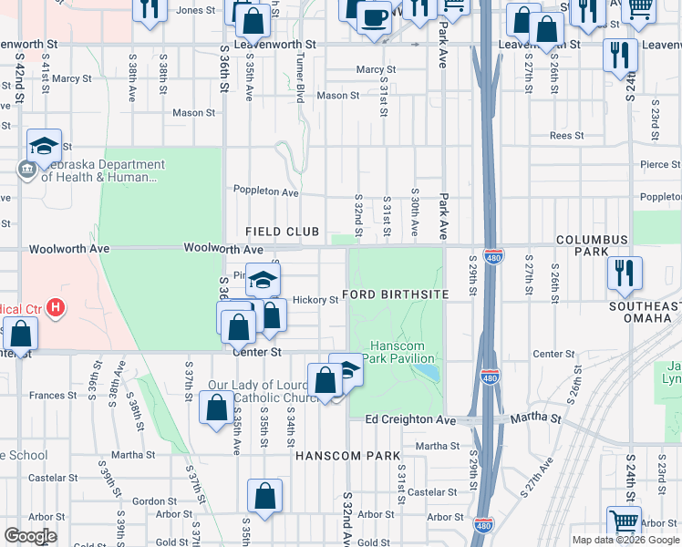 map of restaurants, bars, coffee shops, grocery stores, and more near 1608 South 32nd Avenue in Omaha