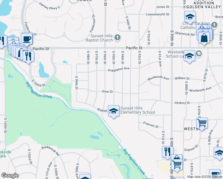map of restaurants, bars, coffee shops, grocery stores, and more near 1602 South 95th Street in Omaha