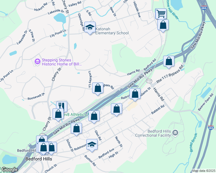 map of restaurants, bars, coffee shops, grocery stores, and more near 105 Nottingham Road in Bedford Hills