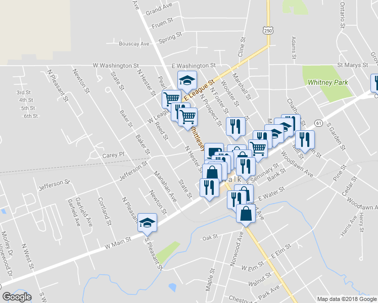 map of restaurants, bars, coffee shops, grocery stores, and more near 81 North Hester Street in Norwalk