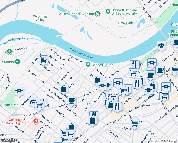 map of restaurants, bars, coffee shops, grocery stores, and more near 45 Stanley Street in Wilkes-Barre