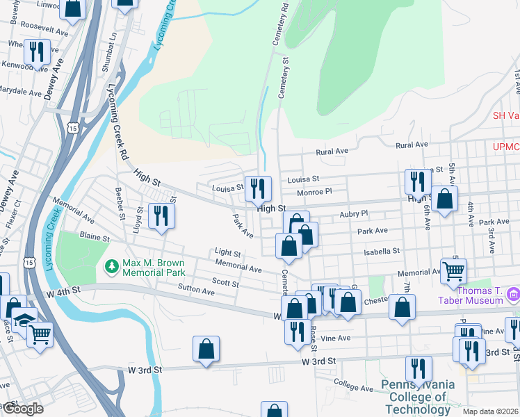 map of restaurants, bars, coffee shops, grocery stores, and more near High St & Wildwood Blvd in Williamsport