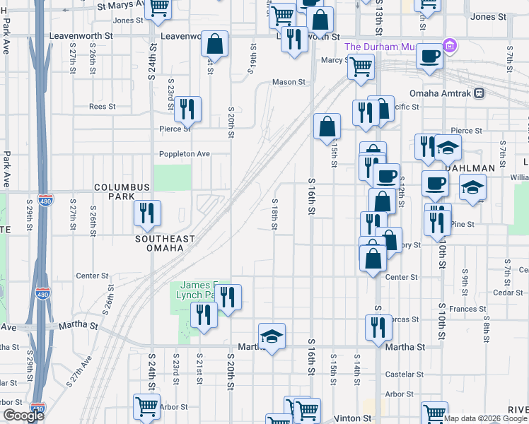 map of restaurants, bars, coffee shops, grocery stores, and more near 1450 South 18th Street in Omaha