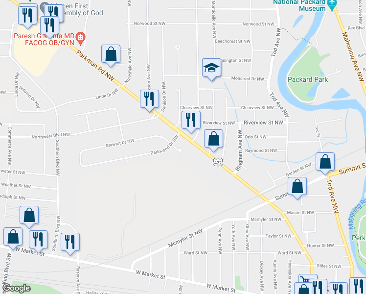 map of restaurants, bars, coffee shops, grocery stores, and more near 1520 Stewart Circle Northwest in Warren