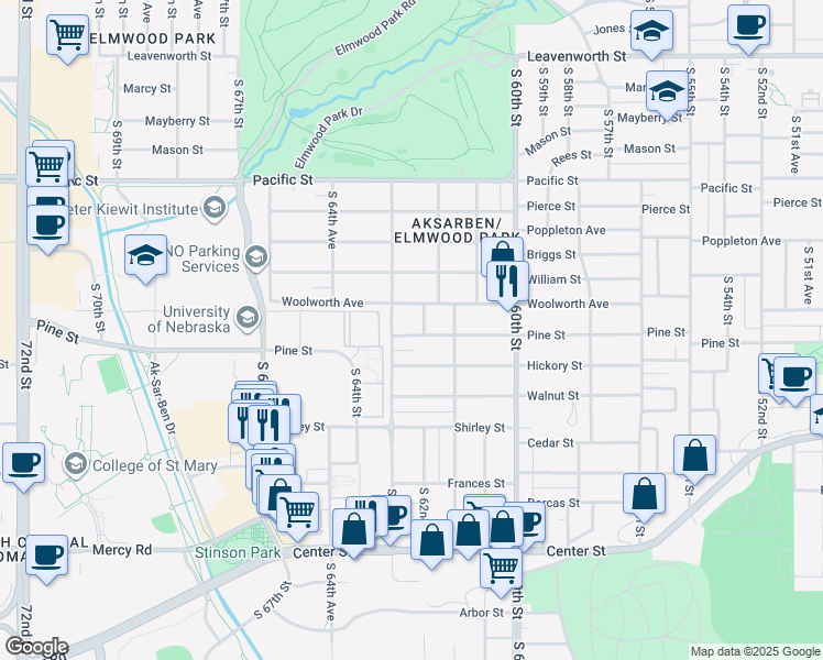 map of restaurants, bars, coffee shops, grocery stores, and more near 6265 Pine Street in Omaha