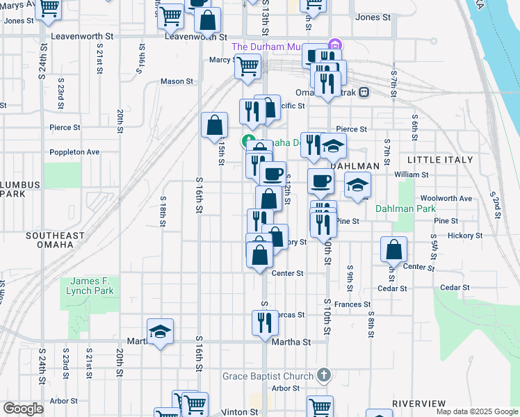 map of restaurants, bars, coffee shops, grocery stores, and more near 1310 Pine Street in Omaha