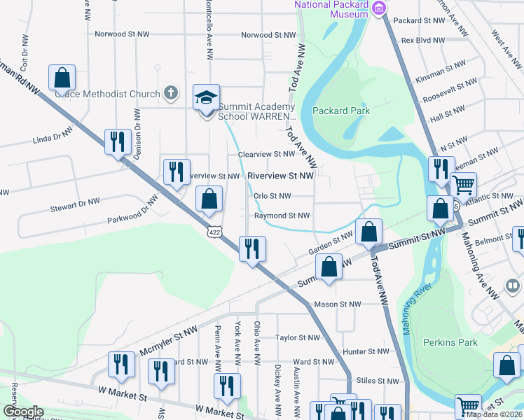 map of restaurants, bars, coffee shops, grocery stores, and more near 1163 Raymond Street Northwest in Warren