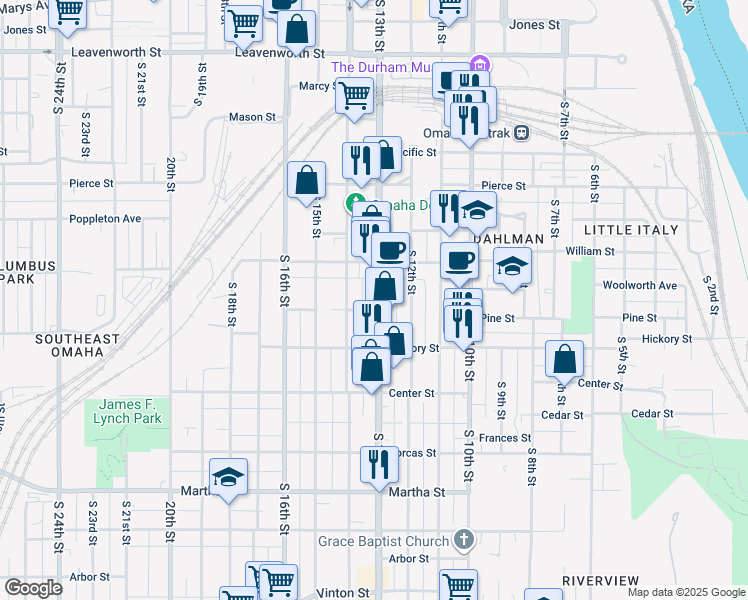 map of restaurants, bars, coffee shops, grocery stores, and more near 1310 Pine Street in Omaha