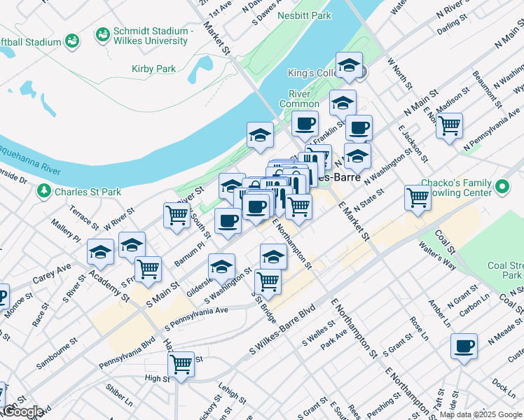 map of restaurants, bars, coffee shops, grocery stores, and more near 84 South Main Street in Wilkes-Barre