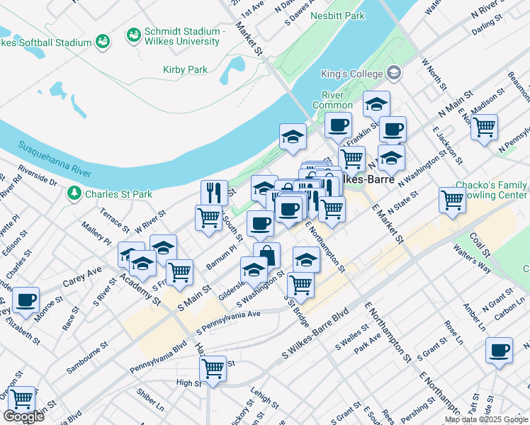 map of restaurants, bars, coffee shops, grocery stores, and more near 111 South Main Street in Wilkes-Barre