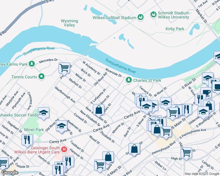 map of restaurants, bars, coffee shops, grocery stores, and more near 19 Edison Street in Wilkes-Barre