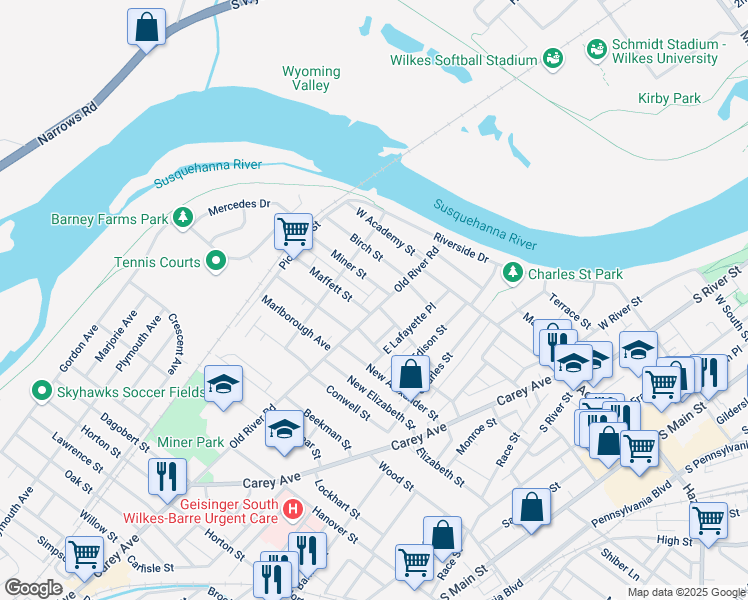 map of restaurants, bars, coffee shops, grocery stores, and more near 72-98 Haldeman St in Wilkes-Barre
