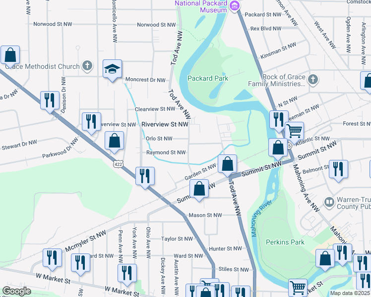 map of restaurants, bars, coffee shops, grocery stores, and more near 1181 Robert Avenue Northwest in Warren