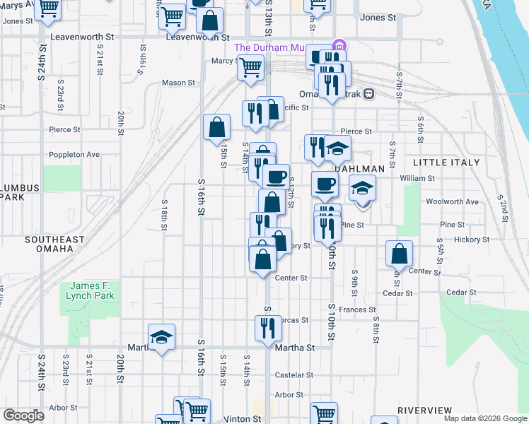 map of restaurants, bars, coffee shops, grocery stores, and more near 1310 Pine Street in Omaha