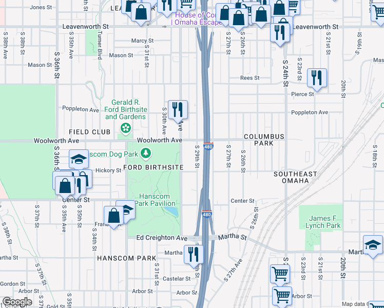 map of restaurants, bars, coffee shops, grocery stores, and more near 1530 South 29th Street in Omaha