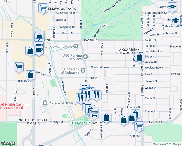 map of restaurants, bars, coffee shops, grocery stores, and more near 6606-6646 Pine Street in Omaha