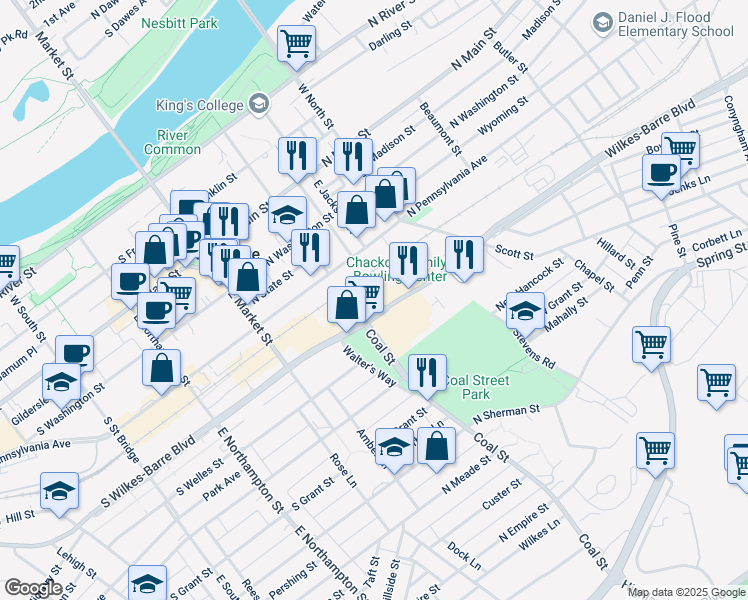 map of restaurants, bars, coffee shops, grocery stores, and more near 102-198 Wilkes-Barre Blvd in Wilkes-Barre